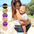 Load image into Gallery viewer, A mother comfortably carrying her child using the HipSurfer Hip Seat Baby Carrier & Bum Bag. Multiple award badges displayed, including Doctor Approved, Multi-Award Winning, Australian Owned, 2023 Gold Winner ROAR, 2022 & 2023 SHE-com Award, and 2023 AusMumpreneur Winner for Product Design.