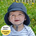Load image into Gallery viewer, Bedhead Toddler Bucket Hat in Denim with UPF50+ protection, soft flexible brim, and removable adjustable chin strap, ideal for babies and toddlers in prams or carriers.