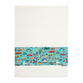 Load image into Gallery viewer, White tea towel with colorful band featuring kangaroos, dolphins, and the Sydney Opera House, Annabel Trends' Aussie Icon Tea Towel.