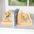 Load image into Gallery viewer, Charming Peter Rabbit wooden bookends with classic illustrations and quotes, perfect for a nursery shelf.