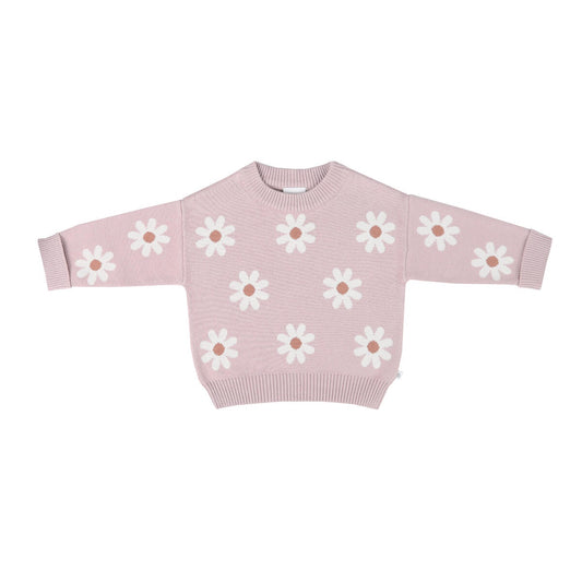 Kynd Baby Jacquard Knit Jumper in Pink Daisy, organic cotton baby sweater with ribbed cuffs, hem, and neckline