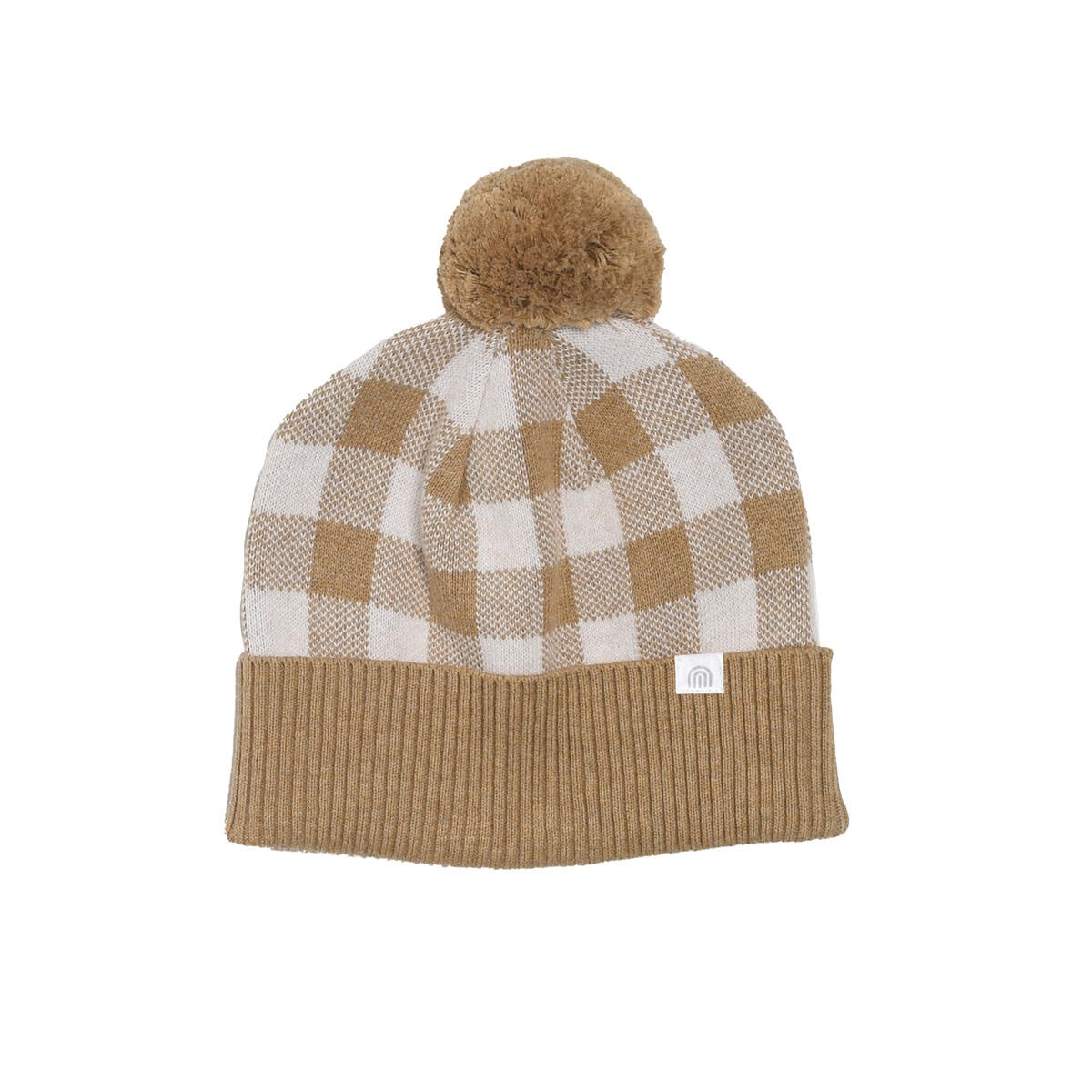 Jacquard Knit Beanie - Neutral Gingham - Kynd Baby, soft and cosy, GOTS Certified, rib finish, pom pom, true to size.