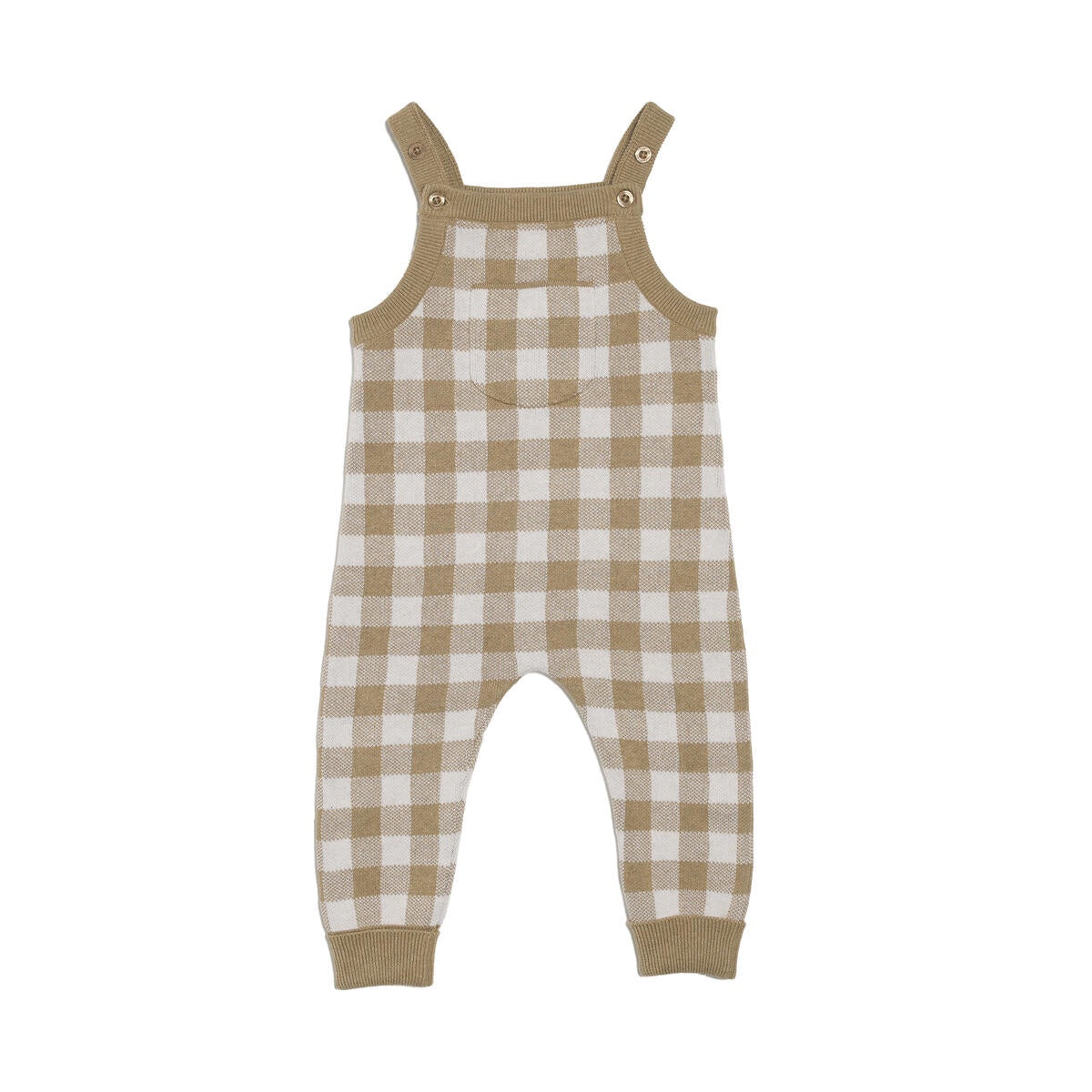 Jacquard Knit Overall in Neutral Gingham by Kynd Baby, made from 100% organic cotton with a decorative design and rib finish.