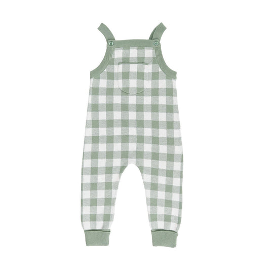 Kynd Baby Jacquard Knit Overall in Sage Gingham, made from 100% organic cotton. Ideal for sizes 0-24 months.