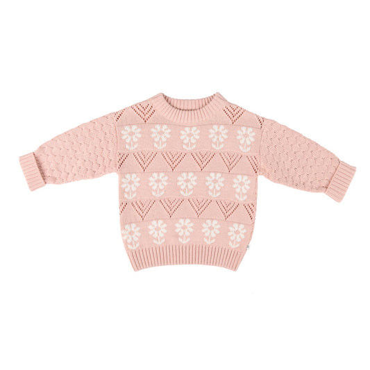 Kynd Baby GOTS Pointelle Knit Jumper in Pink Clay with decorative design and rib finish.