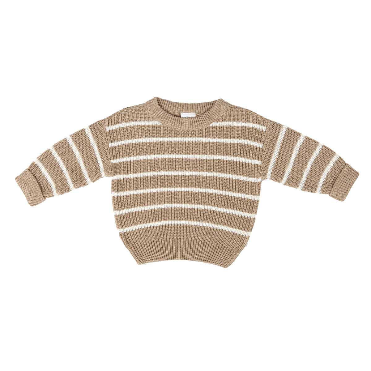 Chunky Rib Knit Jumper in Caramel Stripe, organic cotton baby sweater with ribbed cuffs, hem, and neckline