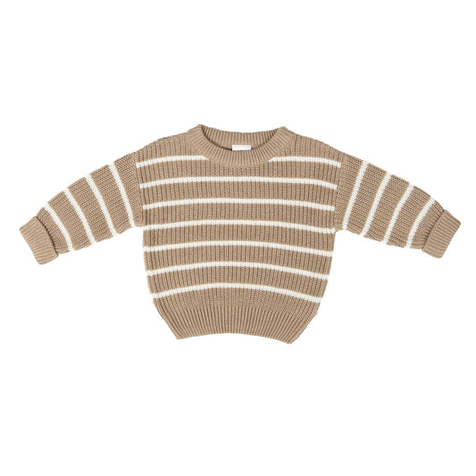 Chunky Rib Knit Jumper in Caramel Stripe, organic cotton baby sweater with ribbed cuffs, hem, and neckline