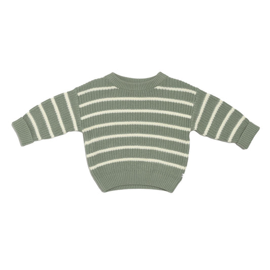 Chunky Rib Knit Jumper in Sage Stripe, organic cotton baby sweater with ribbed cuffs, hem, and neckline