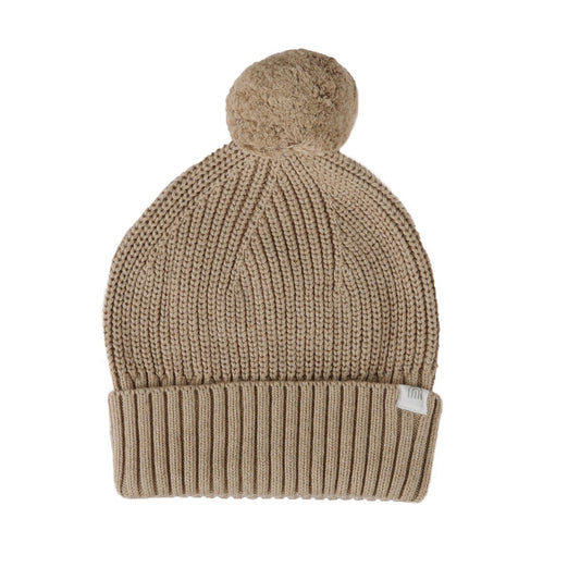 Kynd Baby Chunky Rib Knit Beanie in Caramel Marle, organic cotton baby hat with rib finish band and pom pom