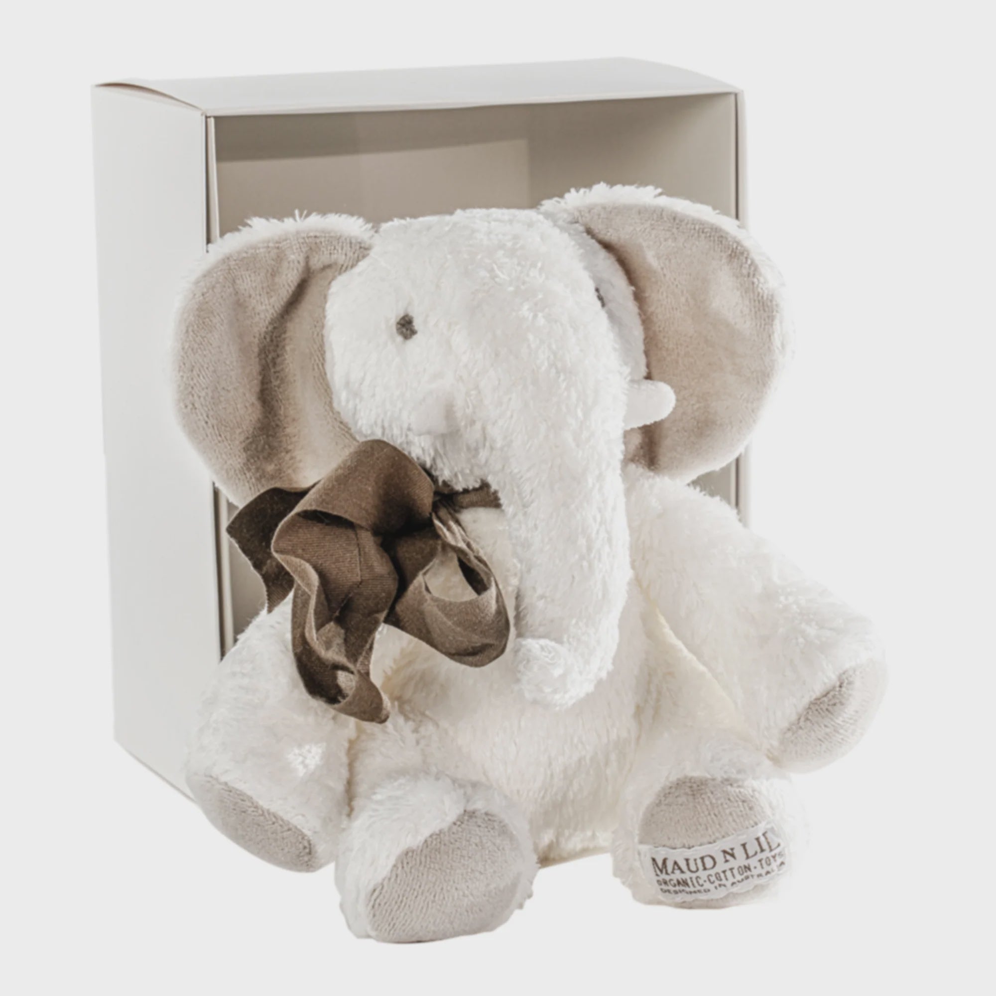 Nellie, the Organic Fluffy Elephant soft toy, made from 100% certified organic cotton velour and natural Organic Cotton & Bamboo blended plush, displayed sitting in a beautiful gift box with a complimentary gift card. Ideal baby gift designed in Australia.