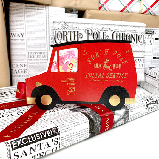 North Pole Postal Van Die Cut Christmas Greeting Card: Red/Gold