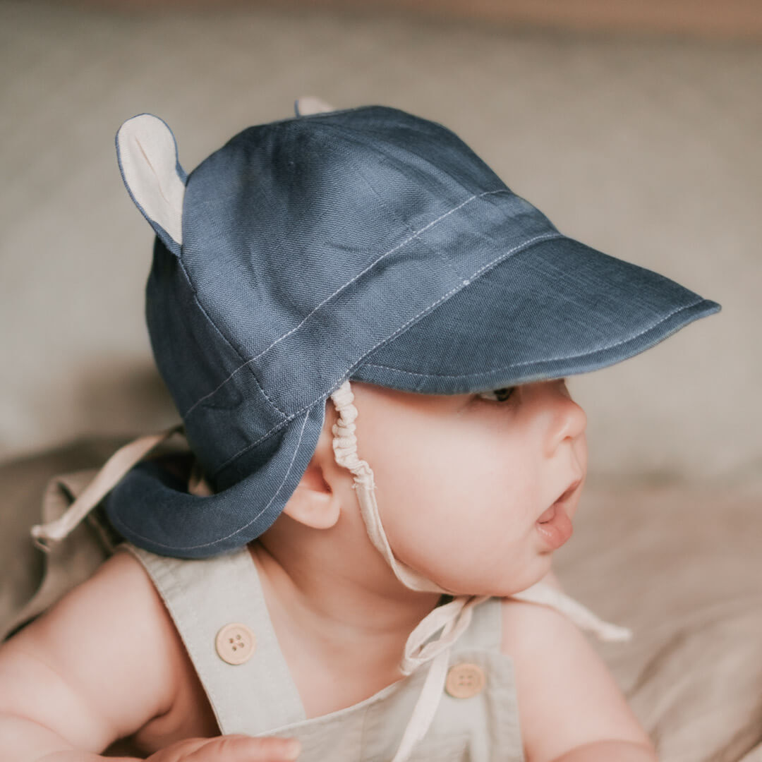 Steel/Flax - 'Roamer' Baby Reversible Teddy Flap Sun Hat - Bedhead Hats