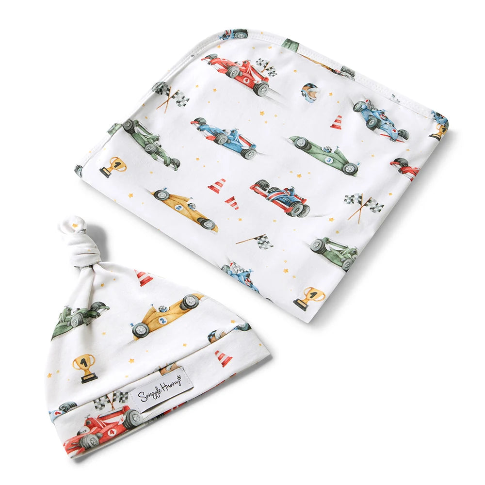 Little Racers Organic Jersey Wrap & Beanie Set - Snuggle Hunny