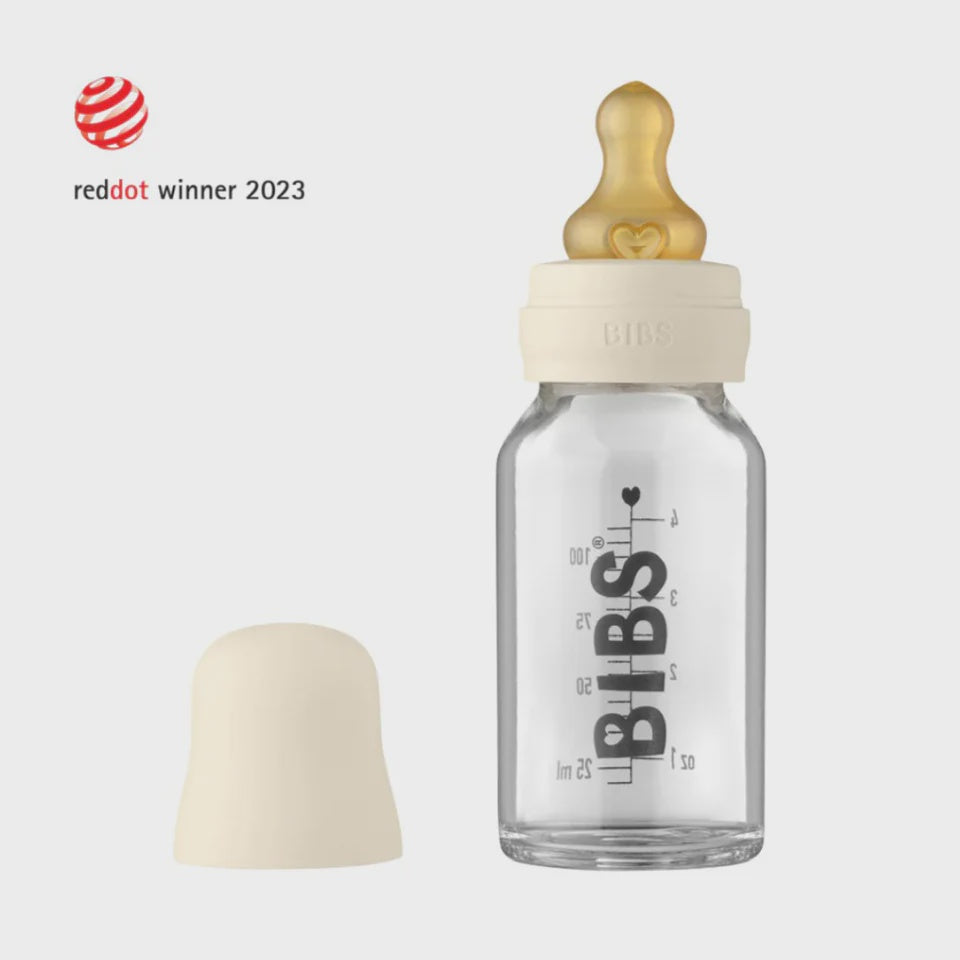 BIBS 110ml Glass Bottle Set in Ivory, including cap, slow-flow nipple, milk lock, screwcap, and foldable funnel