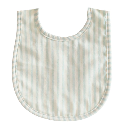 Alimrose Bib Sage Stripe featuring chic stripes in soft double gauze fabric, designed for baby's comfort and mess control.