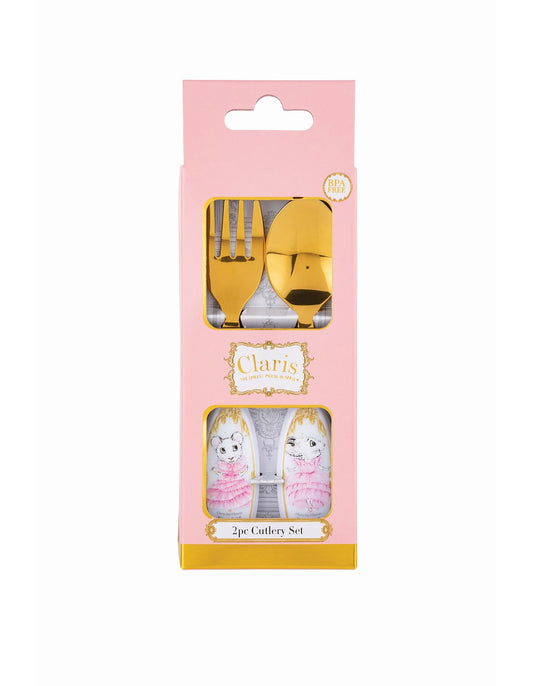 Claris the Mouse gold cutlery set including fork and spoon with illustrations, presented in a window display box. BPA free. Dimensions: L8cm x W5cm x H19cm.
