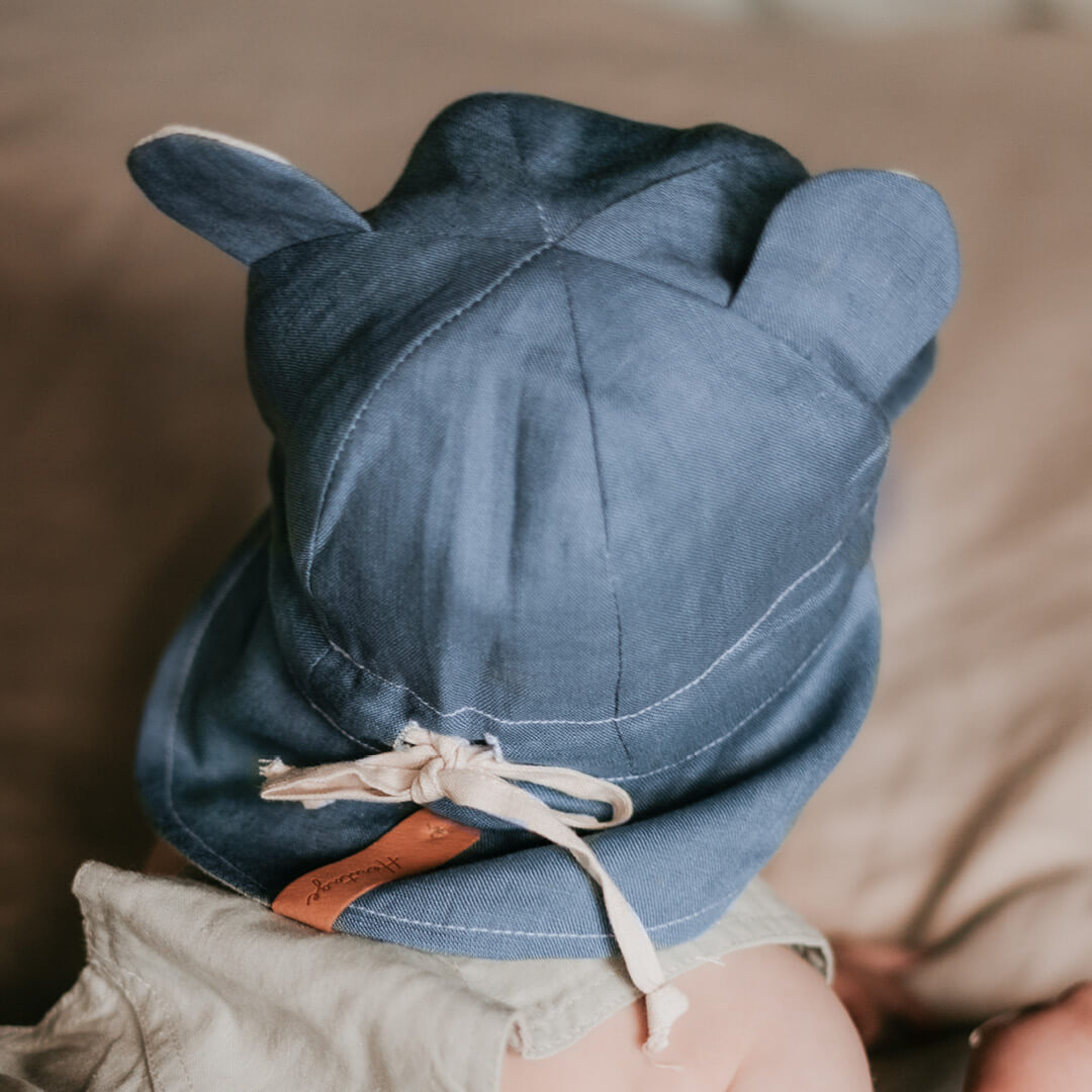 Steel/Flax - 'Roamer' Baby Reversible Teddy Flap Sun Hat - Bedhead Hats