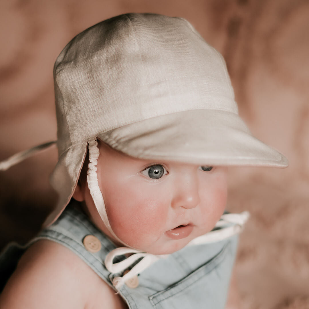 Steel/Flax - 'Roamer' Baby Reversible Teddy Flap Sun Hat - Bedhead Hats