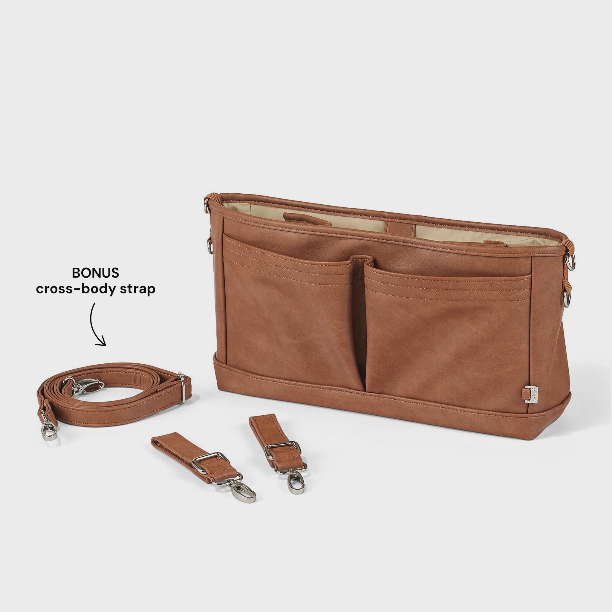 Vegan Leather Stroller Organiser/Pram Caddy - Tan - OiOi