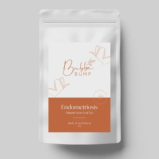 Bubba Bump - Tea 65g - Endometriosis Support - Blend featuring Motherwort, fennel, rose petals, peppermint, hibiscus, chamomile, and raspberry leaf to alleviate discomfort and promote well-being.