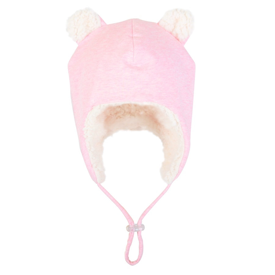 Bedhead Hats Baby Pink Teddy Fleecy Beanie, a soft and snug winter hat for babies and toddlers, featuring an adorable teddy design. Perfect for keeping little ones warm.