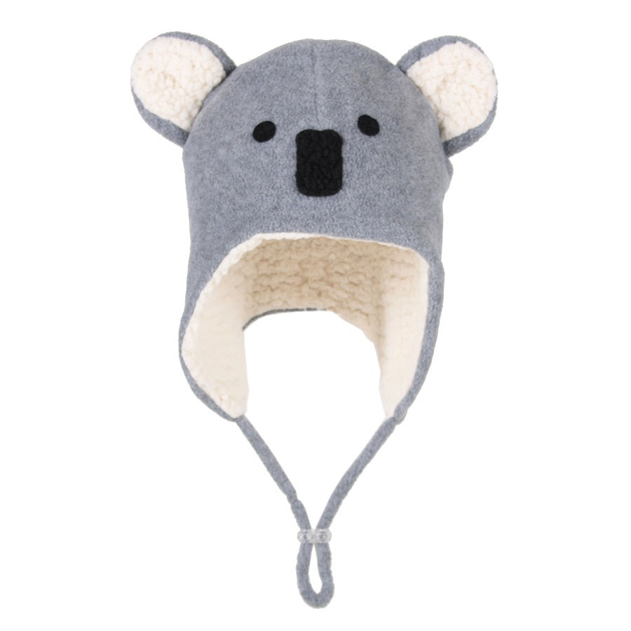 Bedhead Hats Grey Koala Fleecy Beanie, a soft and snug winter hat for babies and toddlers, featuring an adorable koala design. Perfect for keeping little ones warm.