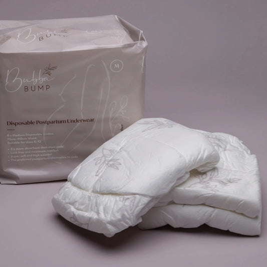 Bubba Bump Disposable Postpartum Underwear, 3x more absorbent than maxi pads, suitable for sizes 12-20, providing leak-free comfort.