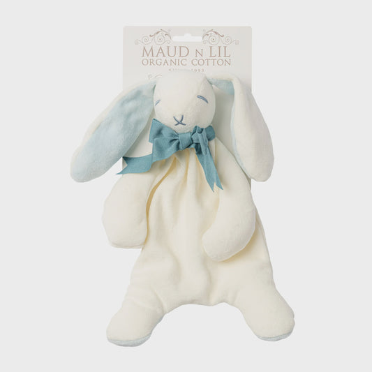 A blue bunny comforter toy named "Binky," crafted from 100% organic cotton, featuring a velcro dummy holder on its paw. Suitable for babies, providing comfort and support.