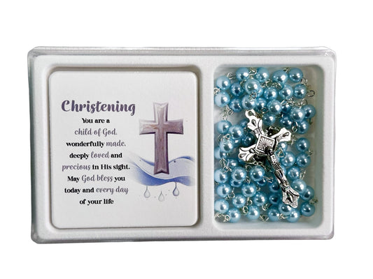 Christening Blue Rosary And Plaque