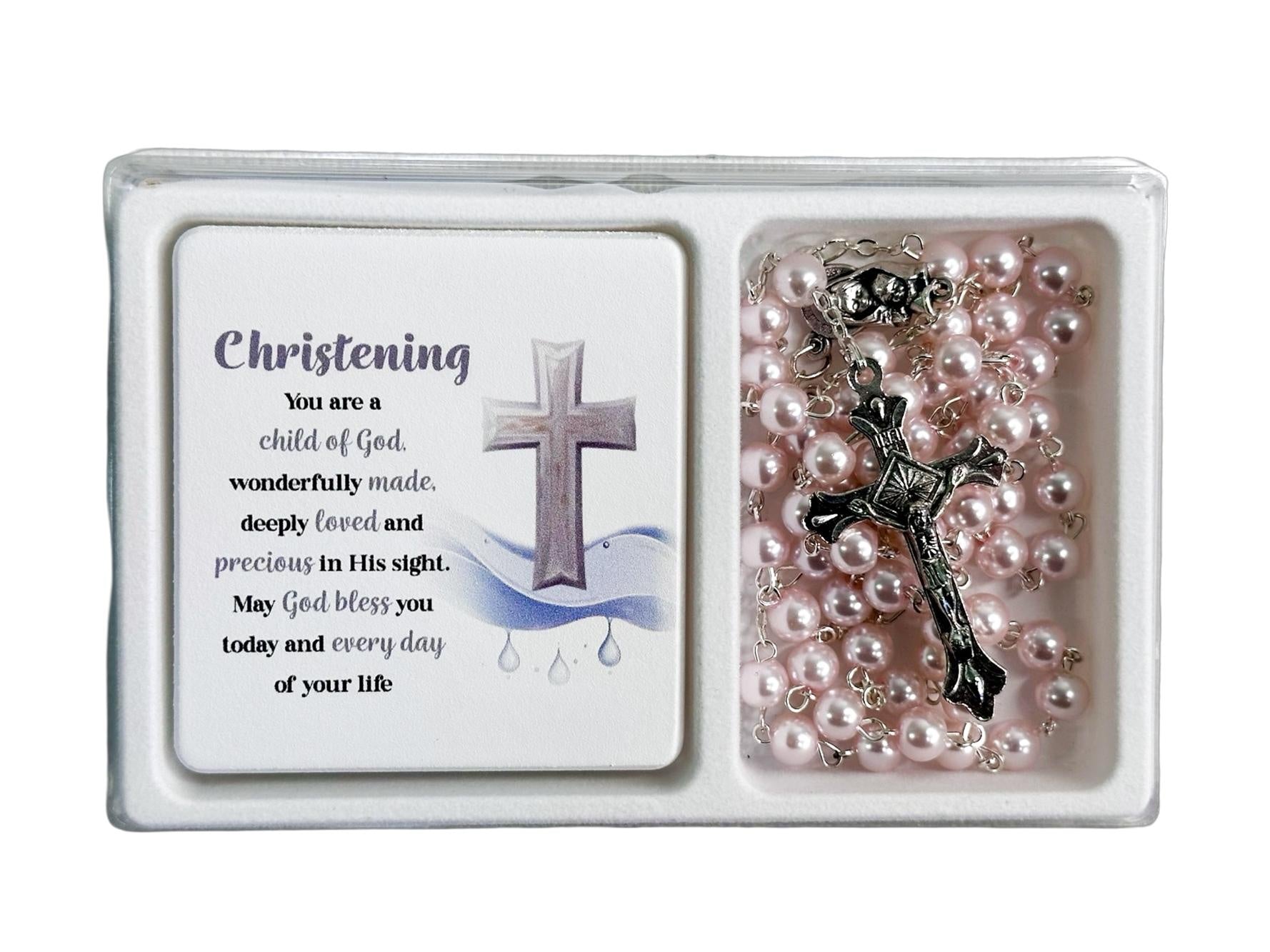 Christening Pink Rosary And Plaque