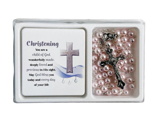 Christening Pink Rosary And Plaque