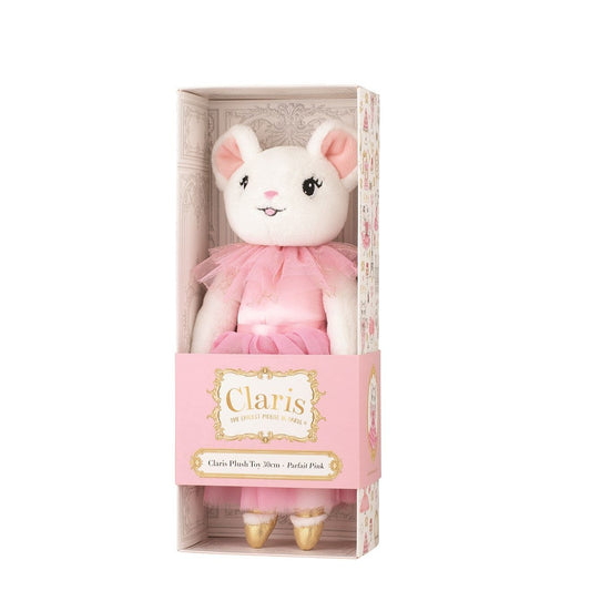 Claris the mouse plush toy in a 'Parfait Pink' tulle gown with signature gold shoes, presented in an elegant open shoe box with a branded belly band