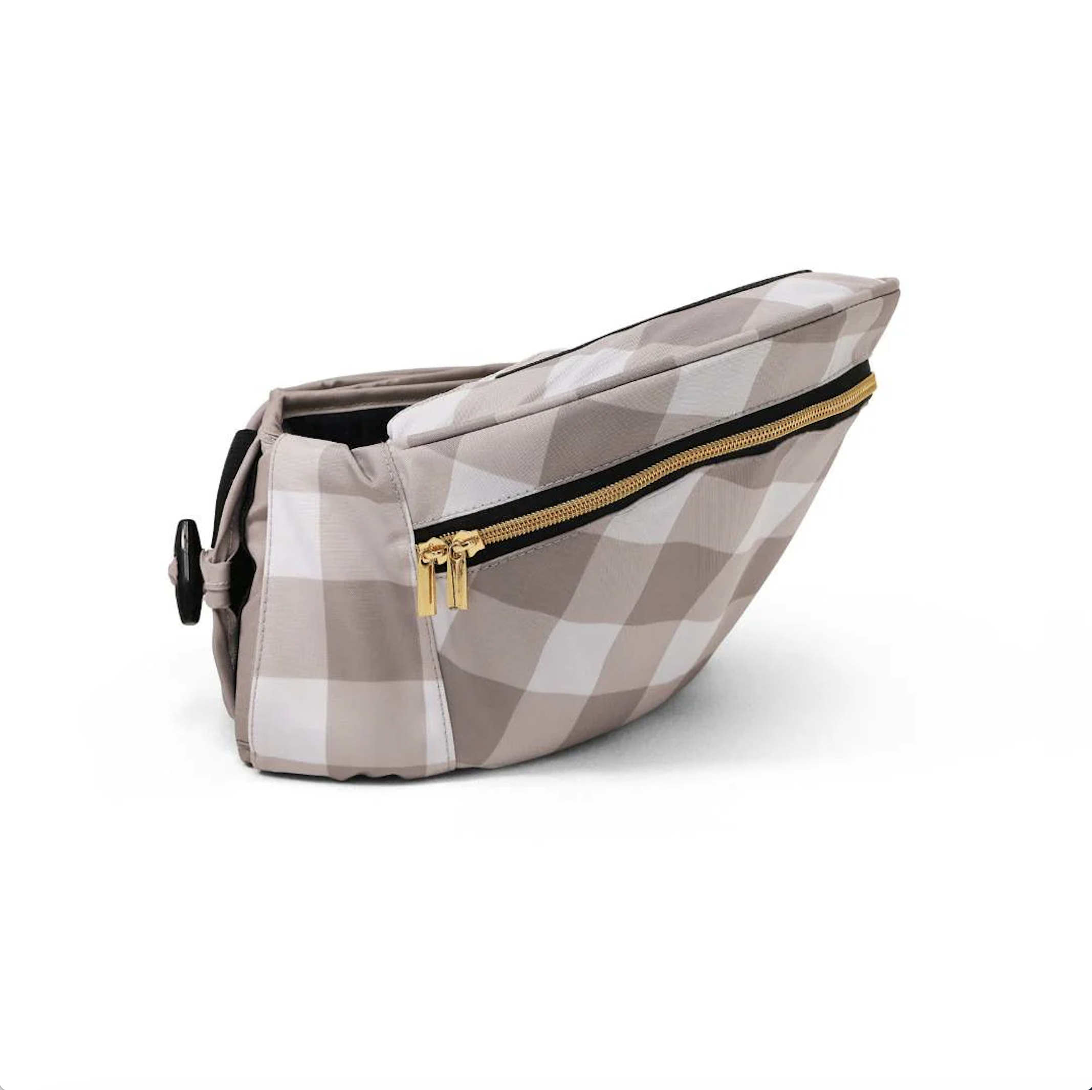 Grey and white square-patterned cover for HipSurfer with golden zipper detail.