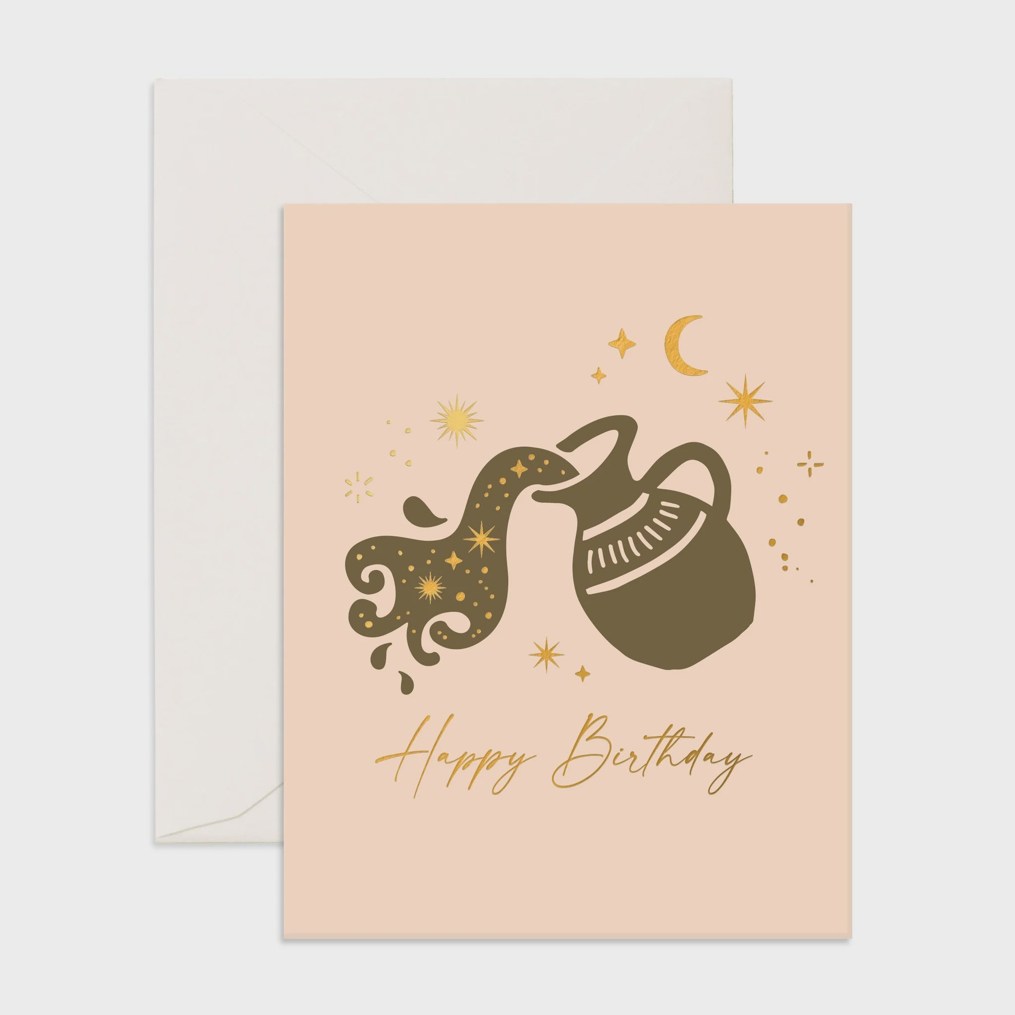 Golden celestial-themed Aquarius Greeting Card by Fox & Fallow, perfect for birthday wishes under the Aquarius sign.