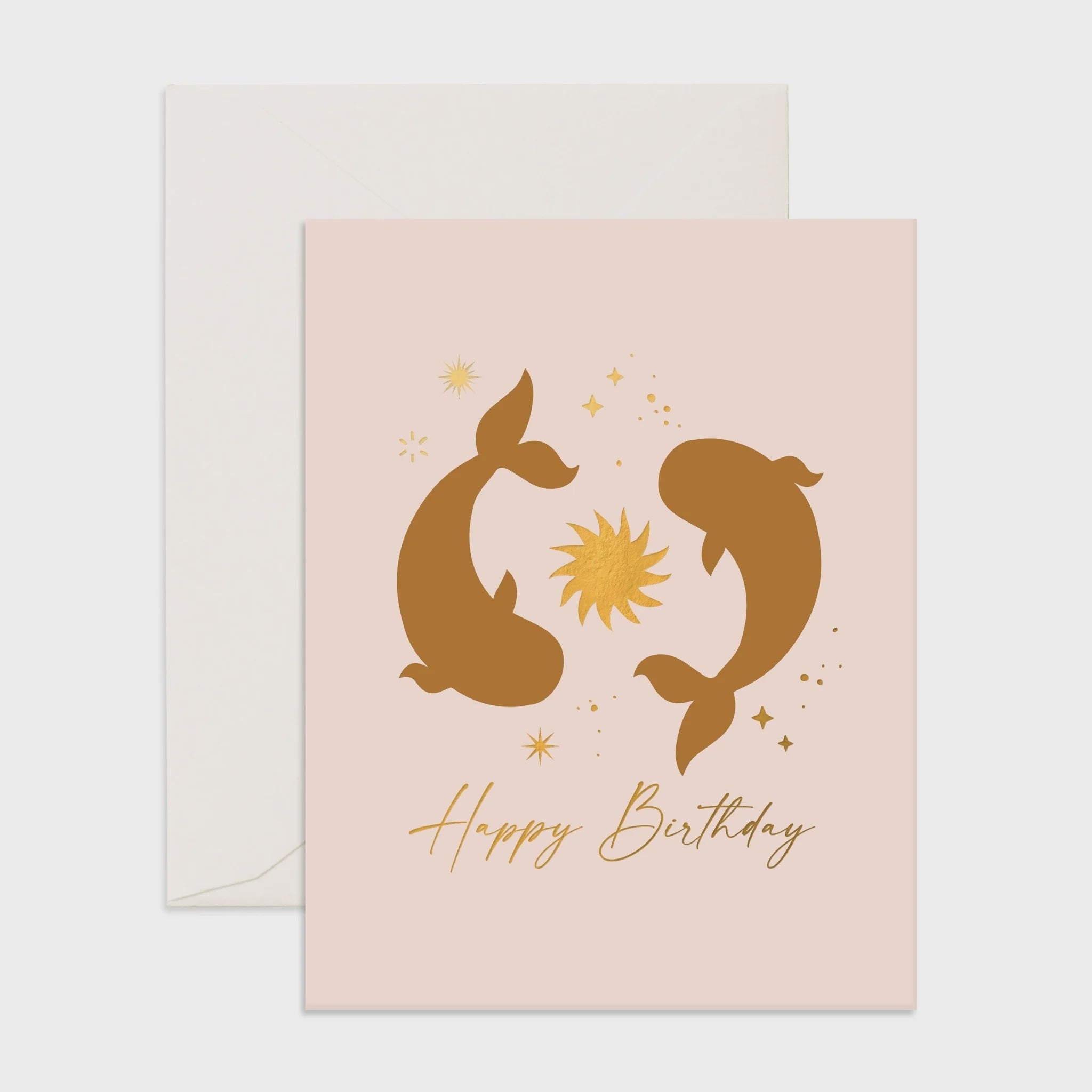 Pisces birthday greeting card with gold foil, blank interior, cream envelope, made in Australia