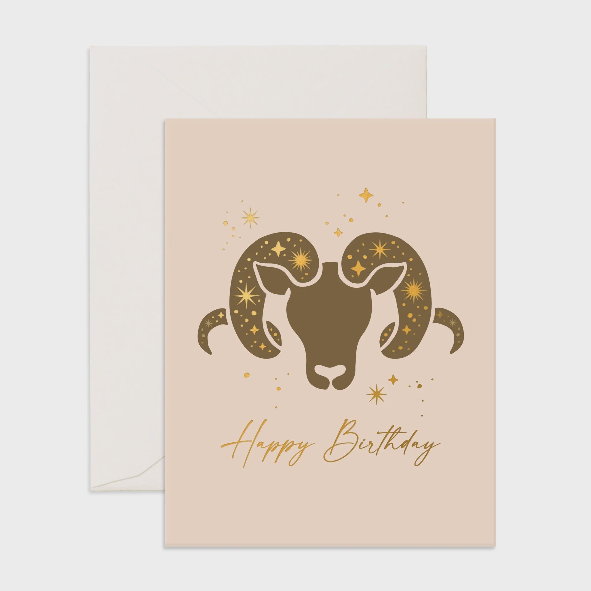 Aries Greeting Card - A celestial-themed birthday card adorned with gold foil illustrations of a ram, symbolizing the Aries sign, and the phrase 'Happy Birthday