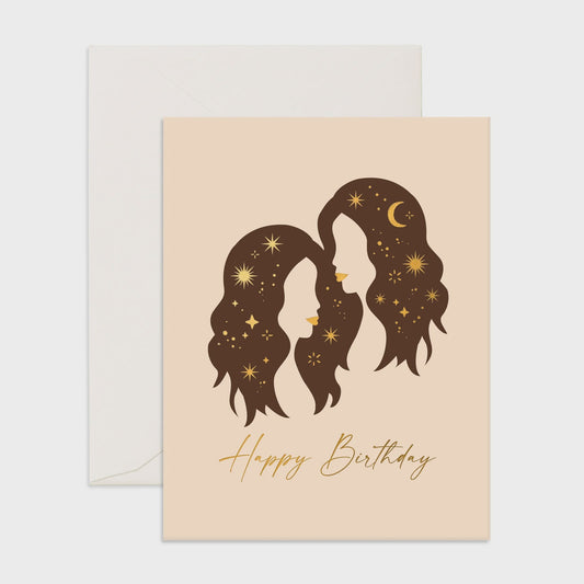 Gemini Greeting Card featuring gold metallic foil on warm white card stock, blank interior, and a cream envelope. Dimensions: 108 x 140mm.