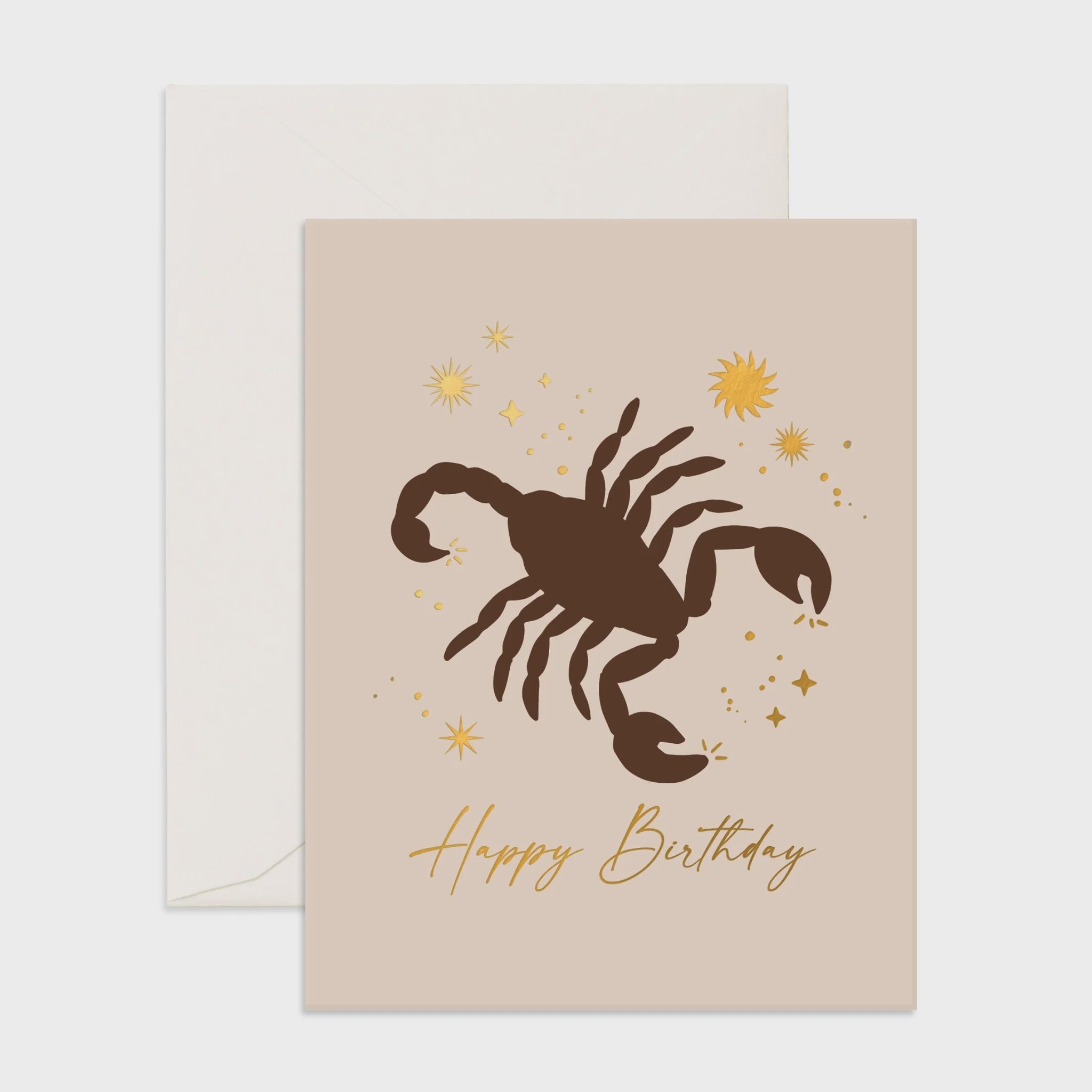 Happy Birthday - Scorpio Greeting Card by Fox & Fallow, featuring gold metallic foil stamp on warm white uncoated card stock. Size: 108x140mm / 4.25x5.5 inches.