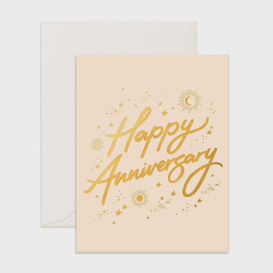 Anniversary Stars card displayed with gold foil sun, moon, and stars design, perfect for elegant celebrations.