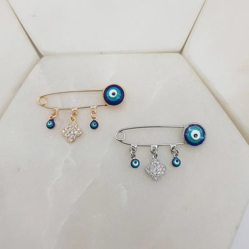 Rhodium Clover Charm - Mati Evil Eye Pin
