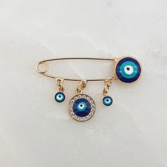 Gold Round Sparkle Mati Centre Evil Eye Pin