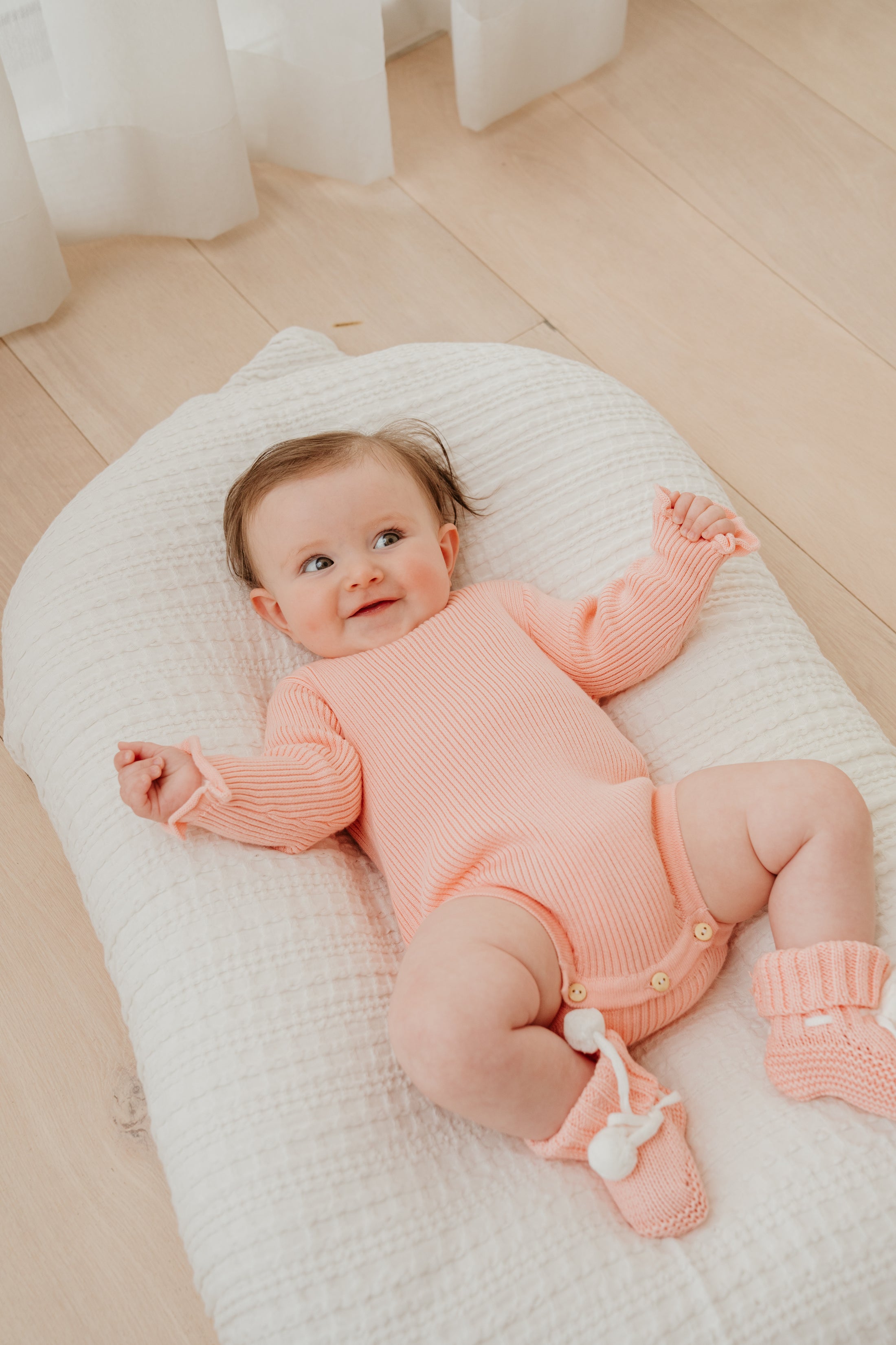 Peach Scallop Edge Pom Pom Booties