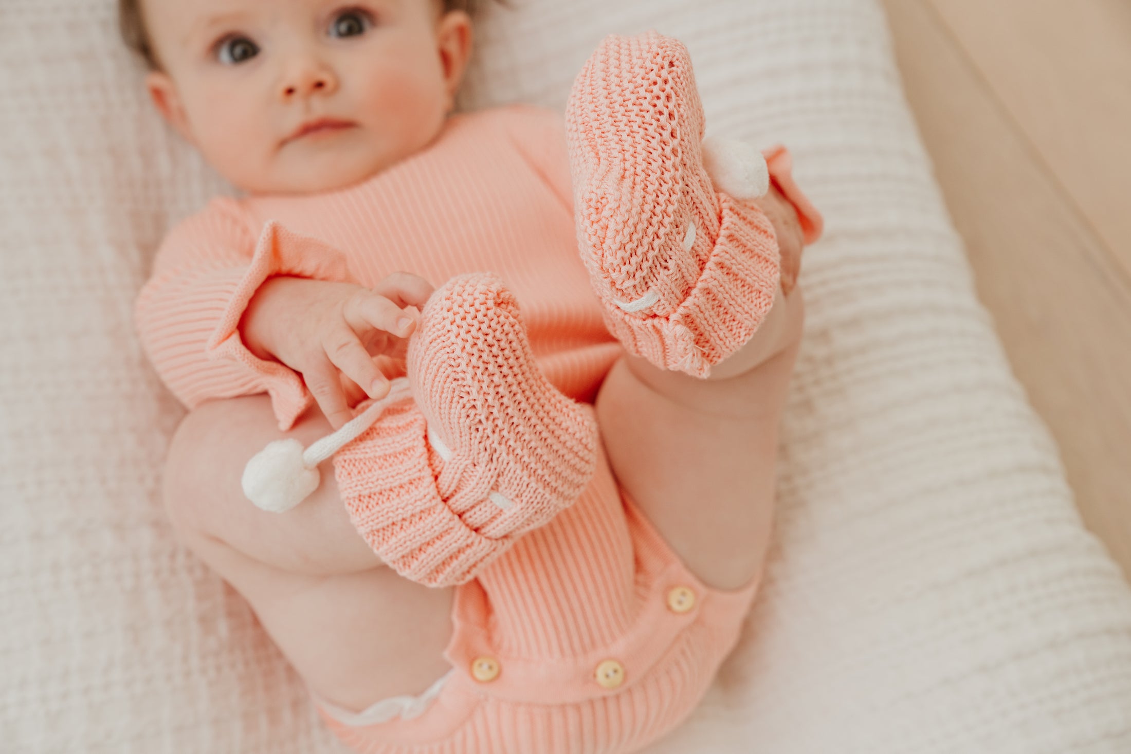 Peach Scallop Edge Pom Pom Booties