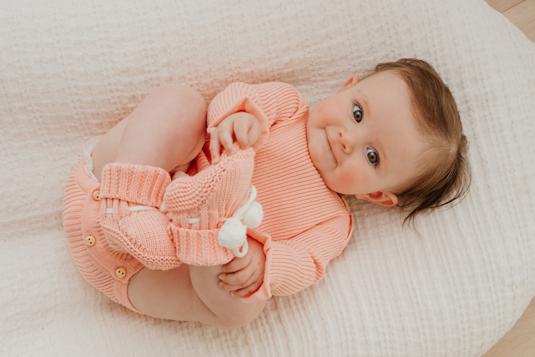 Peach Scallop Edge Pom Pom Booties