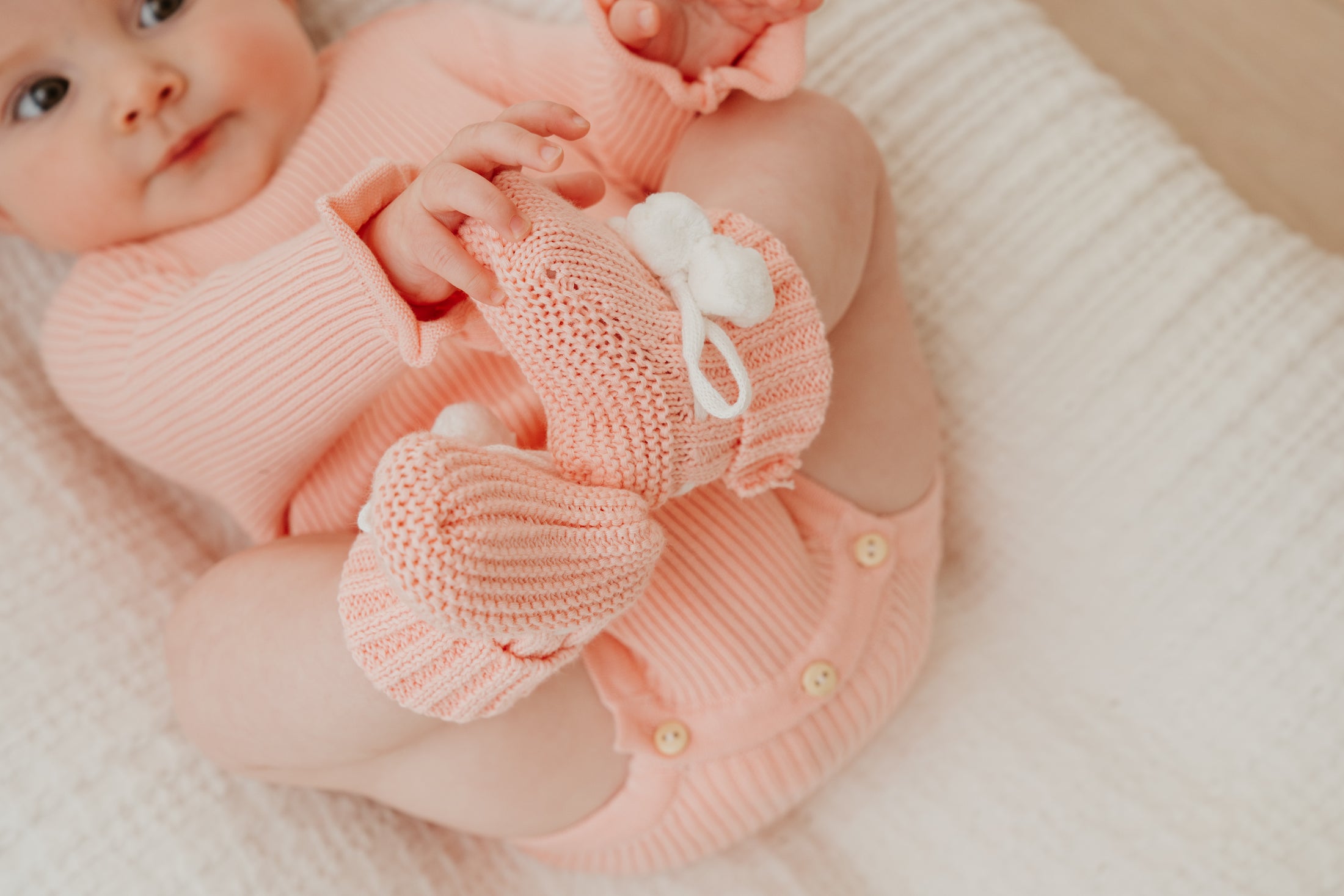 Peach Scallop Edge Pom Pom Booties