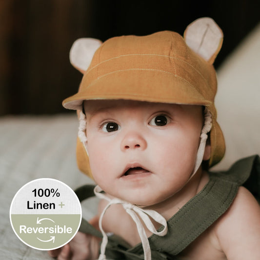 Maize/Flax - 'Roamer' Baby Reversible Teddy Flap Sun Hat - Bedhead Hats