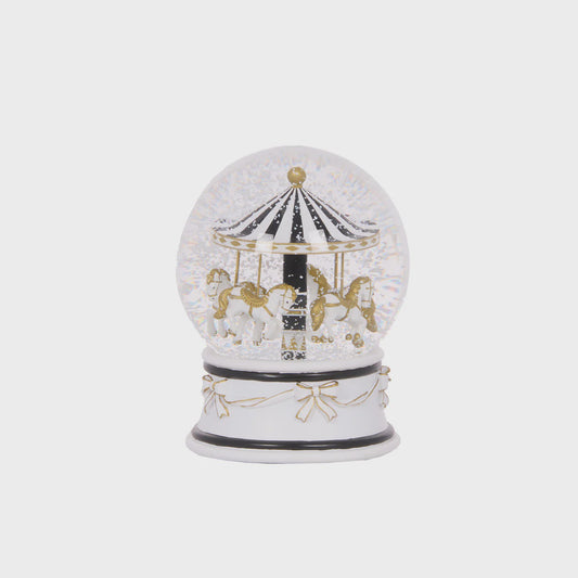 Musical Gold & White Merry-Go-Round Snow Globe - 12cm