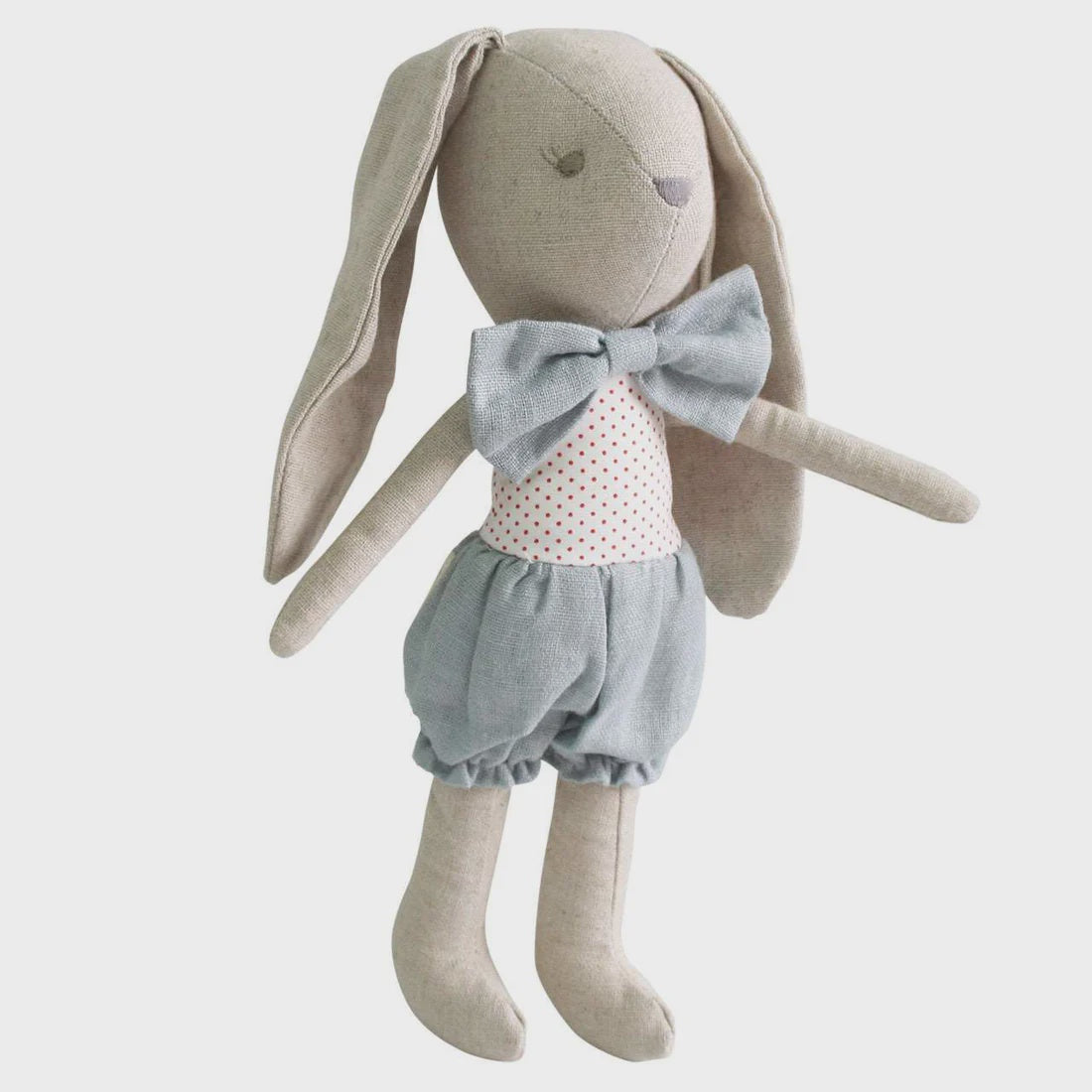 26cm Baby Boy Bunny plush toy in grey red, featuring a linen cotton outer, embroidered face, and a cotton bodice with bow tie.