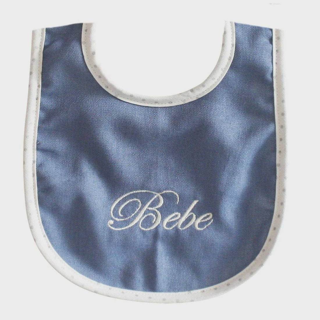 Alimrose Bebe Chambray Bib with elegant embroidery, absorbent backing, and velcro closure.