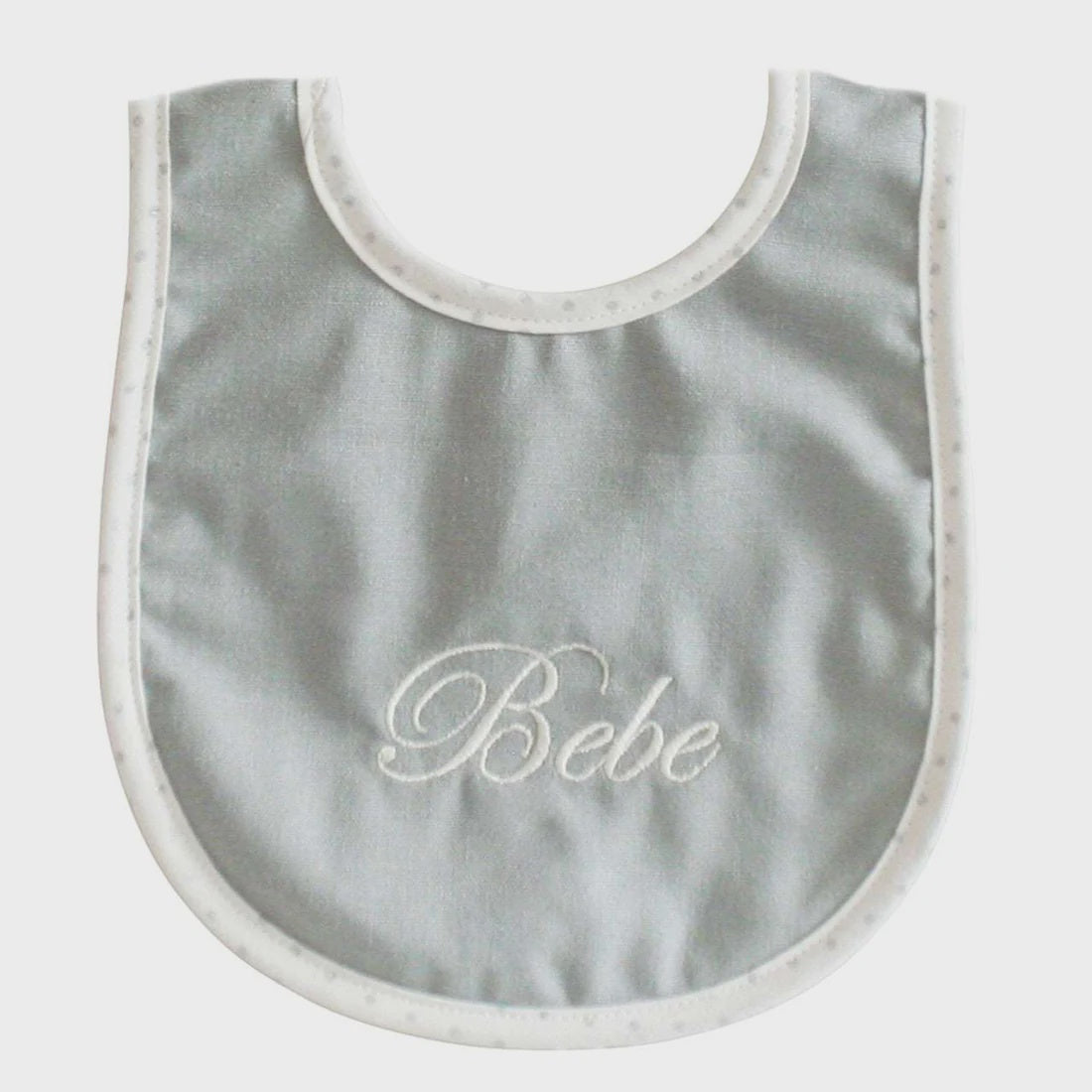 Alimrose Bebe Grey Bib with elegant embroidery, absorbent backing, and velcro closure.